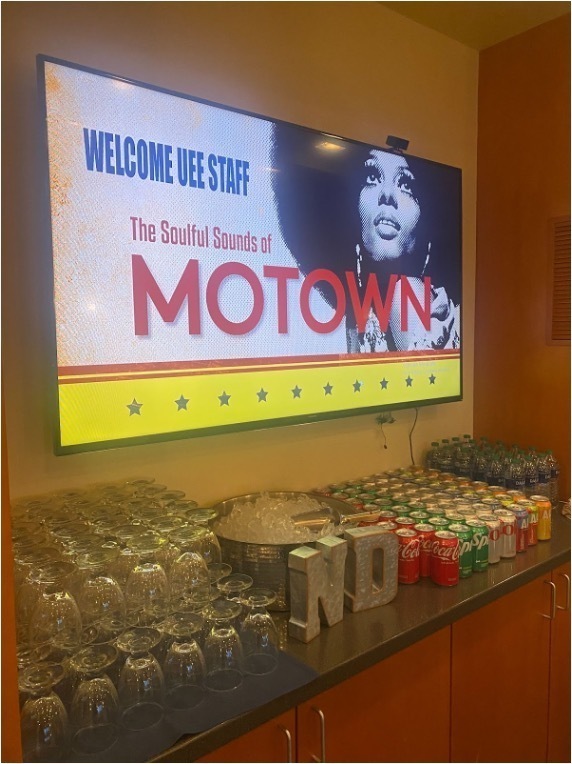 Digital display welcoming UEE staff to The Soulful Sounds of Motown event at DeBartolo Performing Arts Center