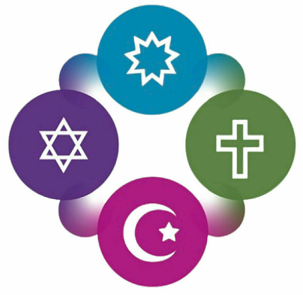 Graphic depicting (from top, clockwise) the Baha'i, Christian, Jewish, and Muslim faiths.