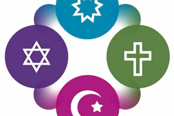 Graphic depicting (from top, clockwise) the Baha'i, Christian, Jewish, and Muslim faiths.