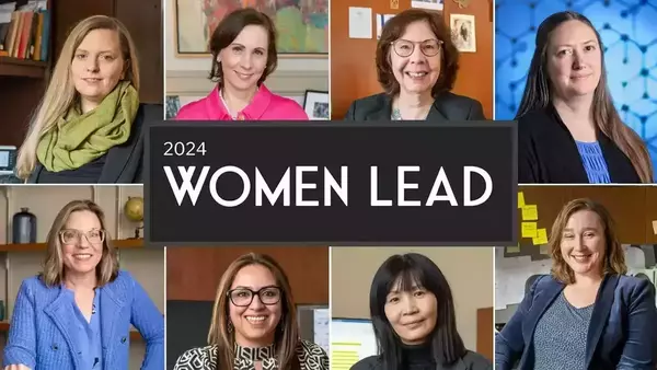 A grid image of eight women with the wordmark "Women Lead" in the middle.