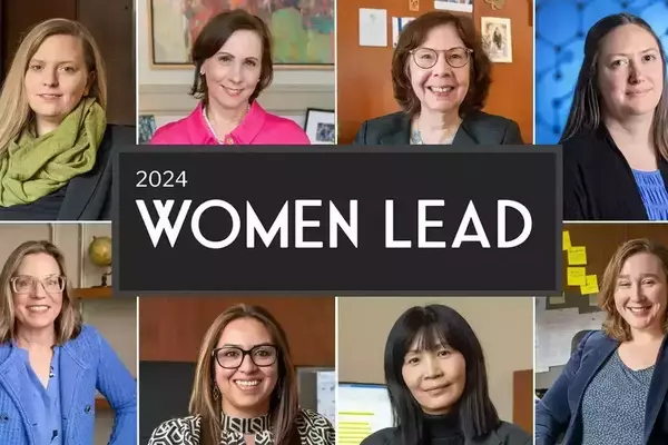 A grid image of eight women with the wordmark "Women Lead" in the middle.