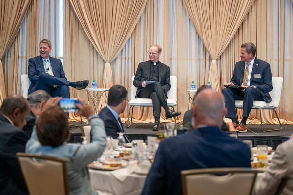 Tim Sexton, Associate Vice President for Public Affairs, moderates the Q&A with newly elected President Rev. Robert A. Dowd, C.S.C., and Shannon Cullinan, Executive Vice President.