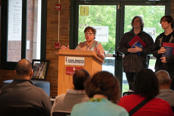 Oletha Jones speaks at the Clemente Course for the Humanities graduation ceremony at the Indiana University South Bend Civil Rights Heritage Center